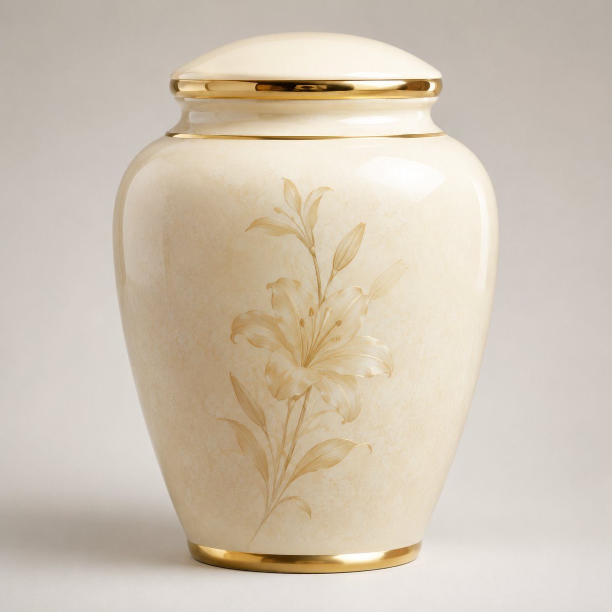 Urna cineraria in ceramica avorio con giglio, linea essenziale